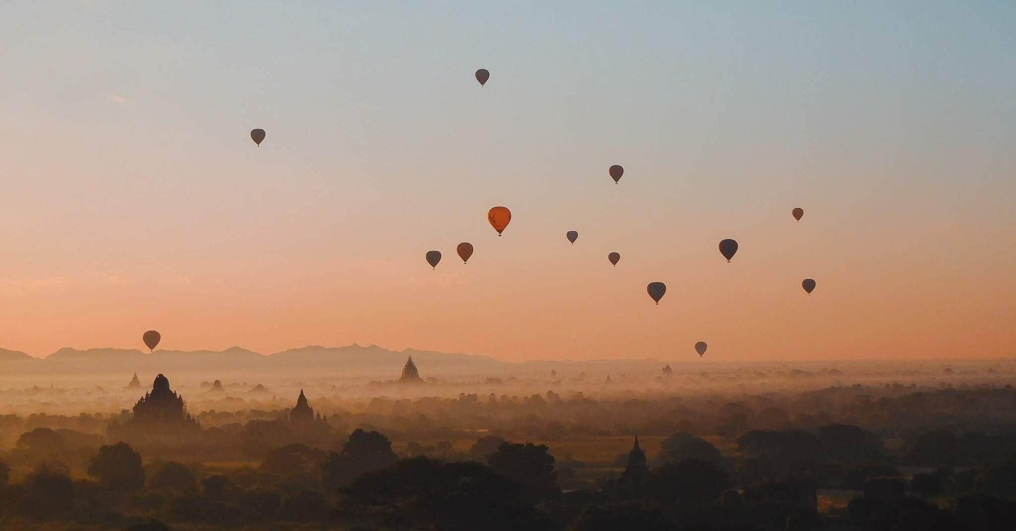 Hot air balloons over Bagan Temples, Myanmar